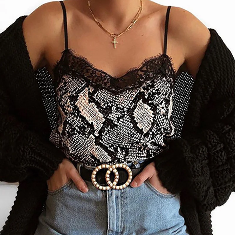 Women\'s Summer Lace Stitching V Neck Sleeveless Leopard/Snakeskin Print Camisole wwz20 - Цвет: Черный