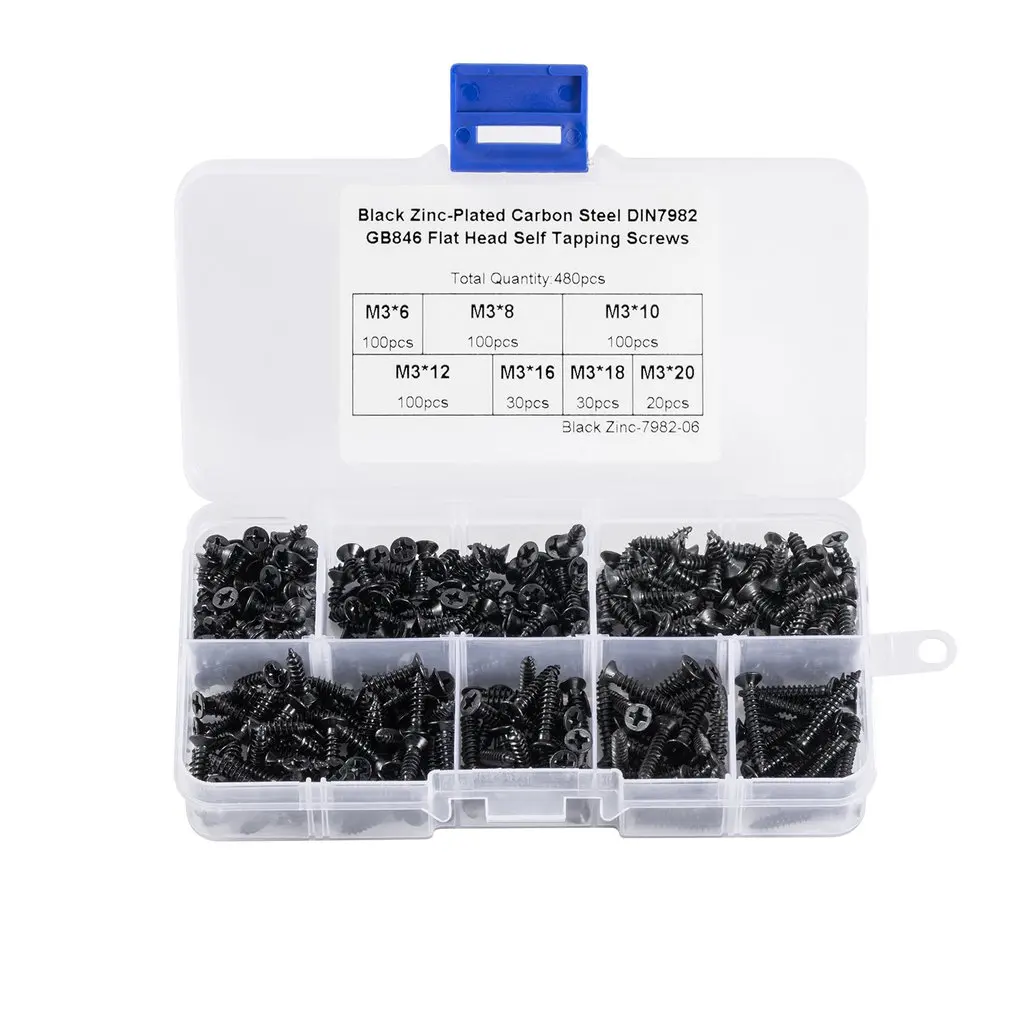 

480pcs Metric M3 Hight Quality Countersunk Head Cross Carbon Steel Self-tapping Electronic Small Wood Screws Nails Kit