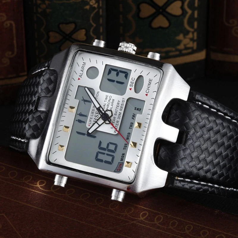 Часы OHSEN мужские спортивные кварцевые наручные с двойным дисплеем кожаным