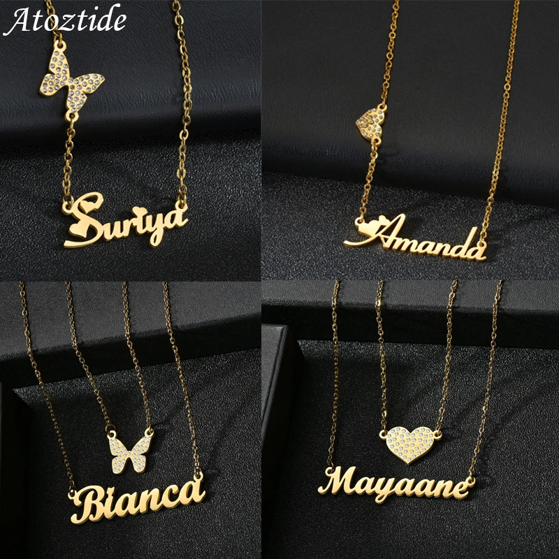 Custom Name Zircon Necklace For Women Stainless Steel Butterfly Letter Double Layers Nameplate Choker Necklaces Jewelry Gift