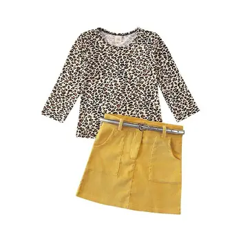 

1-5Y Toddler Kids Baby Girls Clothes Sets Leopard Print Long Sleeve Top Button Solid A-Line Skirt Outfit