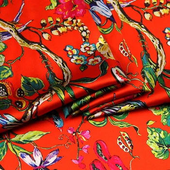 

Red Floral Print Silk Stretch Satin Fabric 93%Silk 7%Spandex Wide118cm 19MM