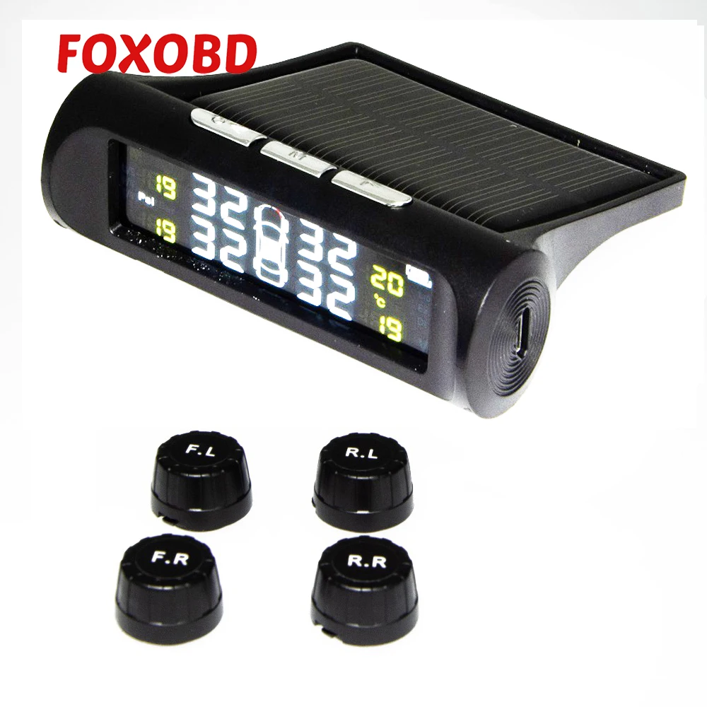 

Solar TPMS Car Tire Pressure Alarm Monitoring System Wireless LCD Display Car 4 External Sensor Temperature Alarm
