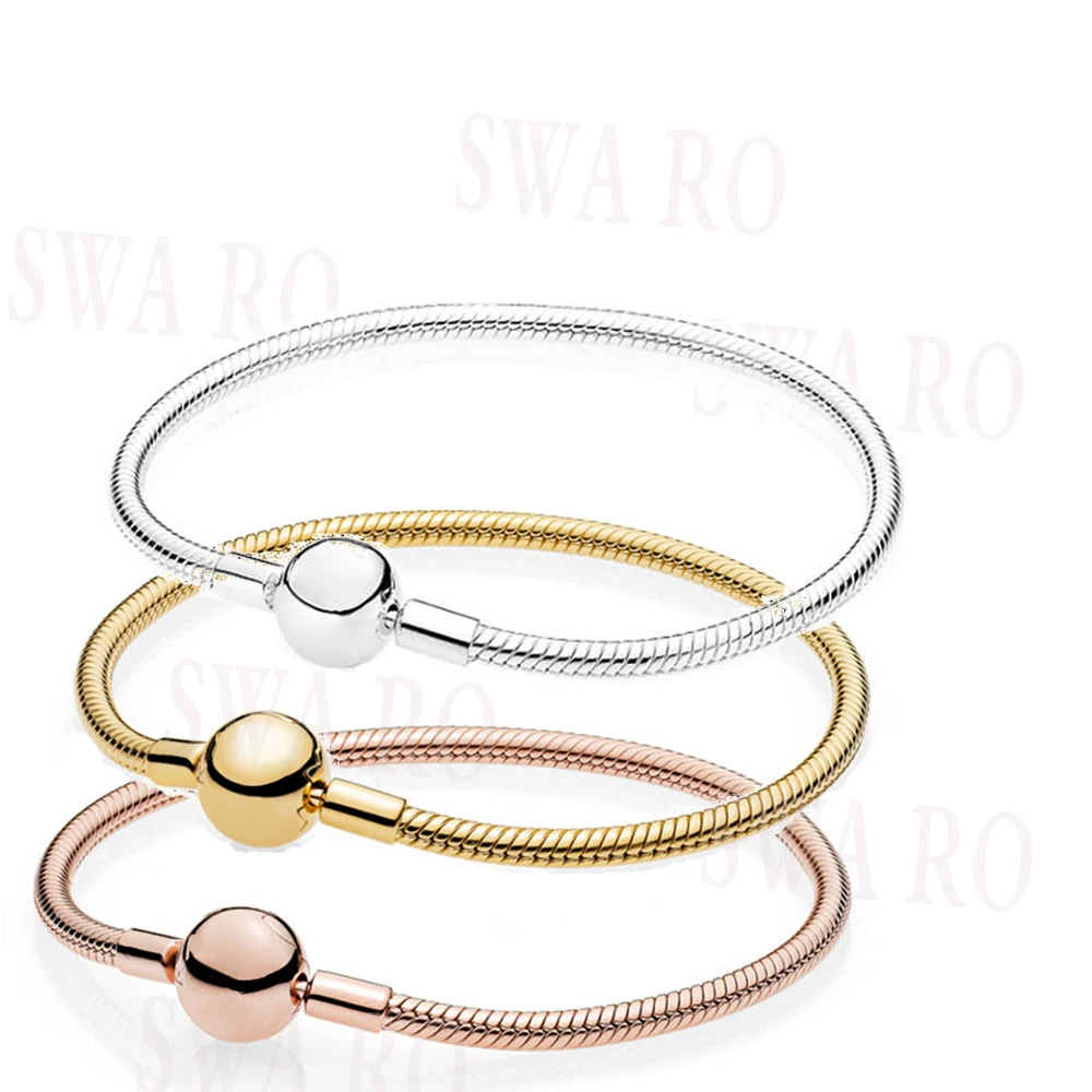 

Classic High Quality Silver 925 Shine Instant Smooth Ladies Rose Gold Bracelet DIY Charm Original Fashion Jewelry Birthday Gift