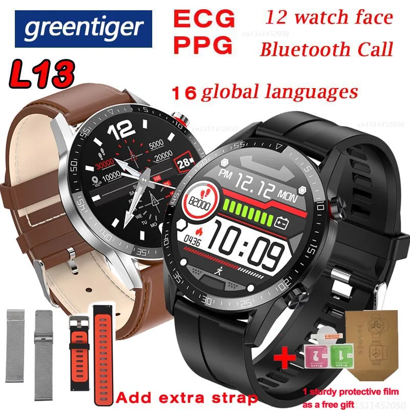 Смарт-часы Greentiger L13 с Bluetooth вызовом ЭКГ + PPG пульсометр фитнес-трекер кровяное