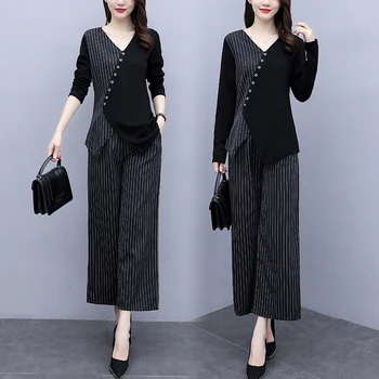 

Patchwork clothes for women fashion 2 piece set autumn plus size business size year-old female costume top and pants