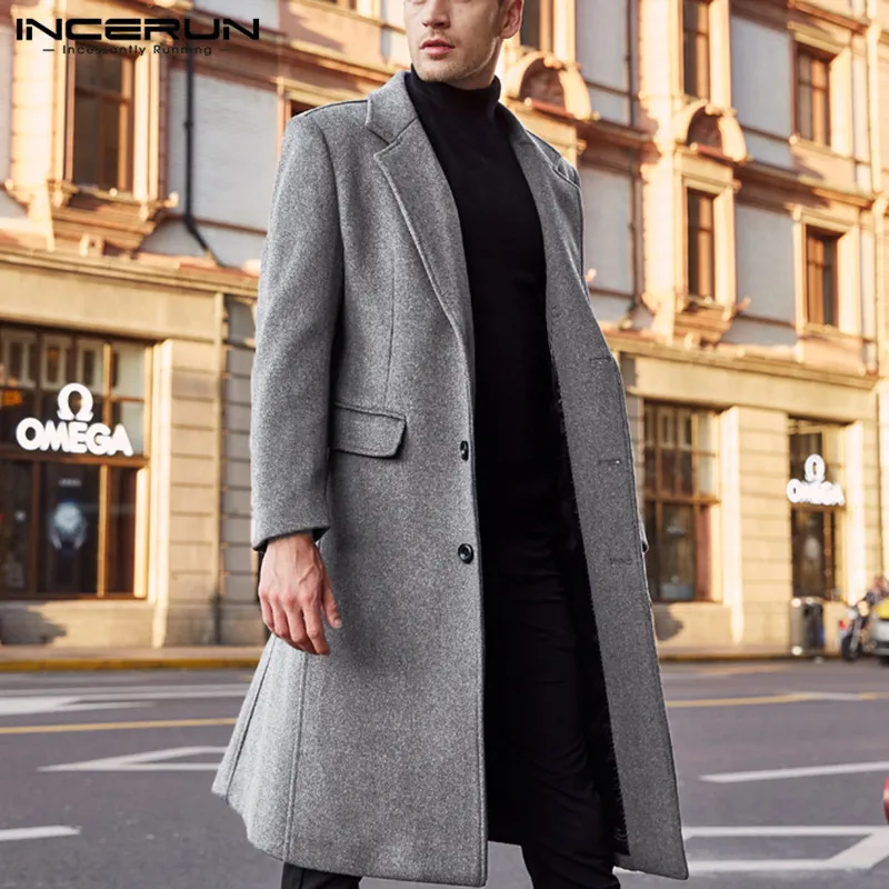 INCERUN Winter Men Coats Woolen Solid Long Sleeve Jackets Fleece Men Overcoats Streetwear Fashion Long Trench Outerwear 2020 5XL INCERUN Winter Men Coats Woolen Solid Long Sleeve Jackets Fleece Men Overcoats Streetwear Fashion Long Trench Outerwear 2020 5XL