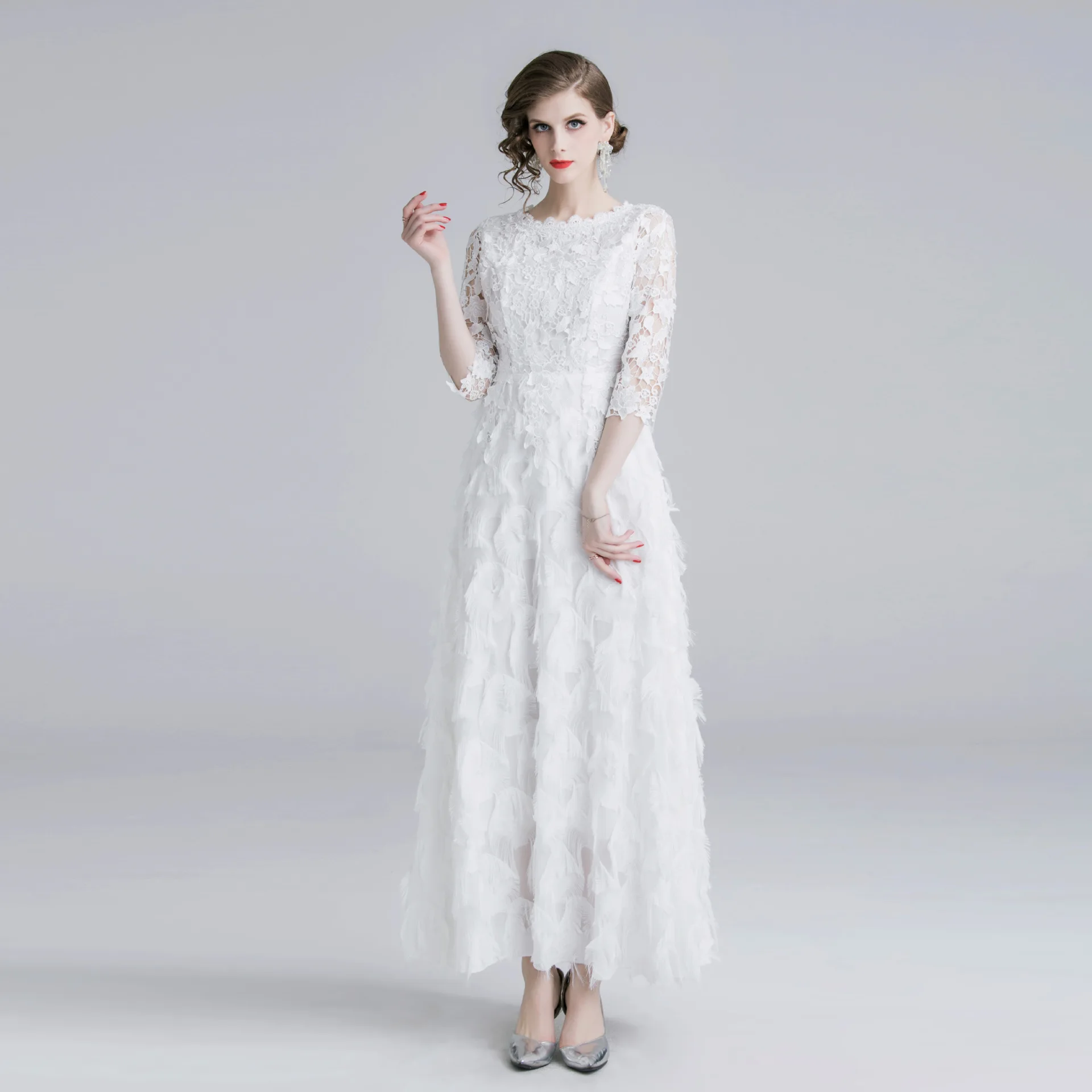 

2019 new autumn fashion feathers long dress women elegant lace dresses O-neck three-quarter sleeve ankle-Length Dress female