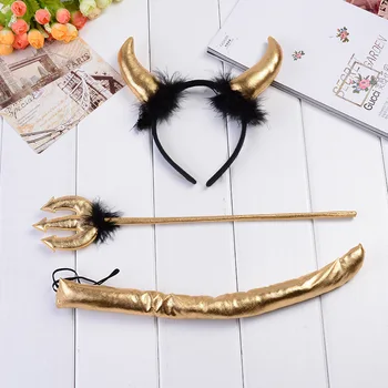 

3Pcs/Set Cosplay Adult Children Halloween Purim Devil Headband Costume Fancy Party Headwear Demon Horn Fluffy Hair Hoop Tail