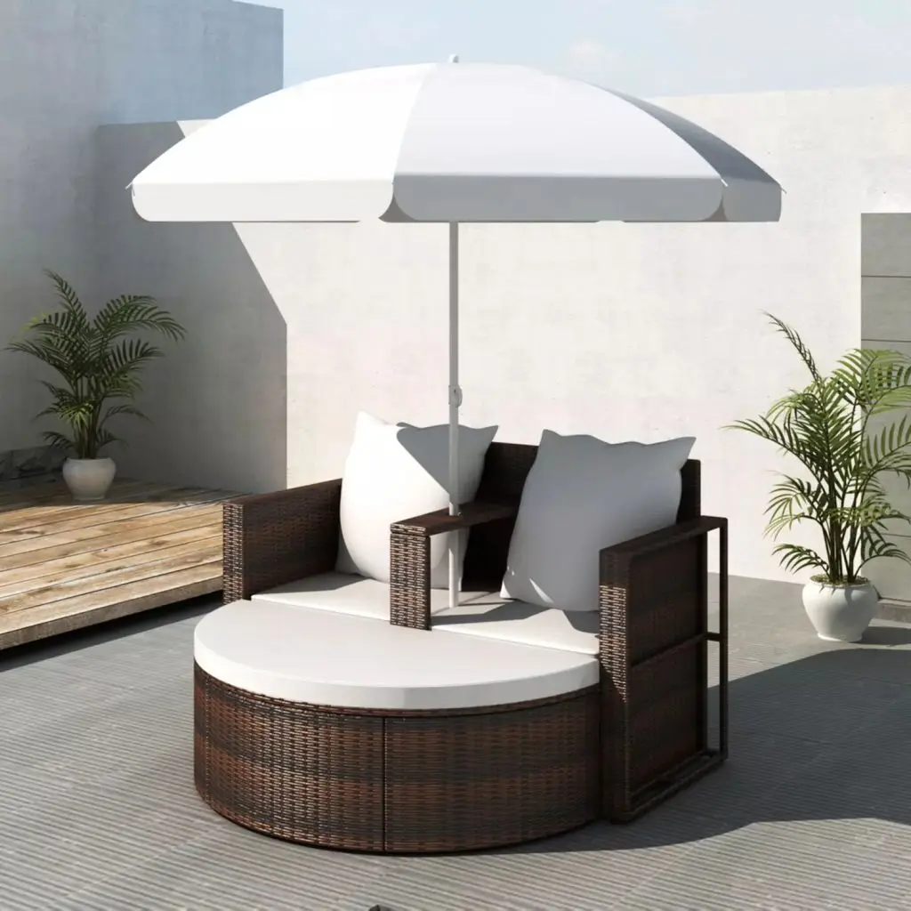 

Garden Bed with Parasol Brown Poly Rattan Weather-proof UV Light Resistant Outdoor Rattan Lounge Set With Parasol