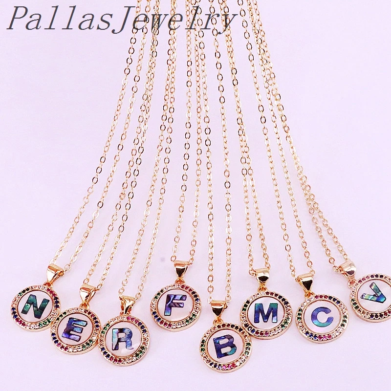 

12Pcs Gold Filled Rainbow CZ Micro Pave Abalone Shell Letter Fashion Charms Round Pendant Necklaces