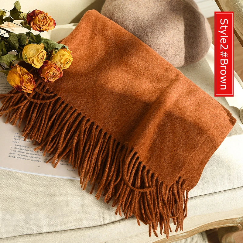 Style2 Brown Высокое качество кашемировые шарфы женские новые зимние плотные теплые мягкие пашмины Шали Обертывания Твердые женские шерстяные длинные шарфы с кисточками - Цвет: Style2 Brown
