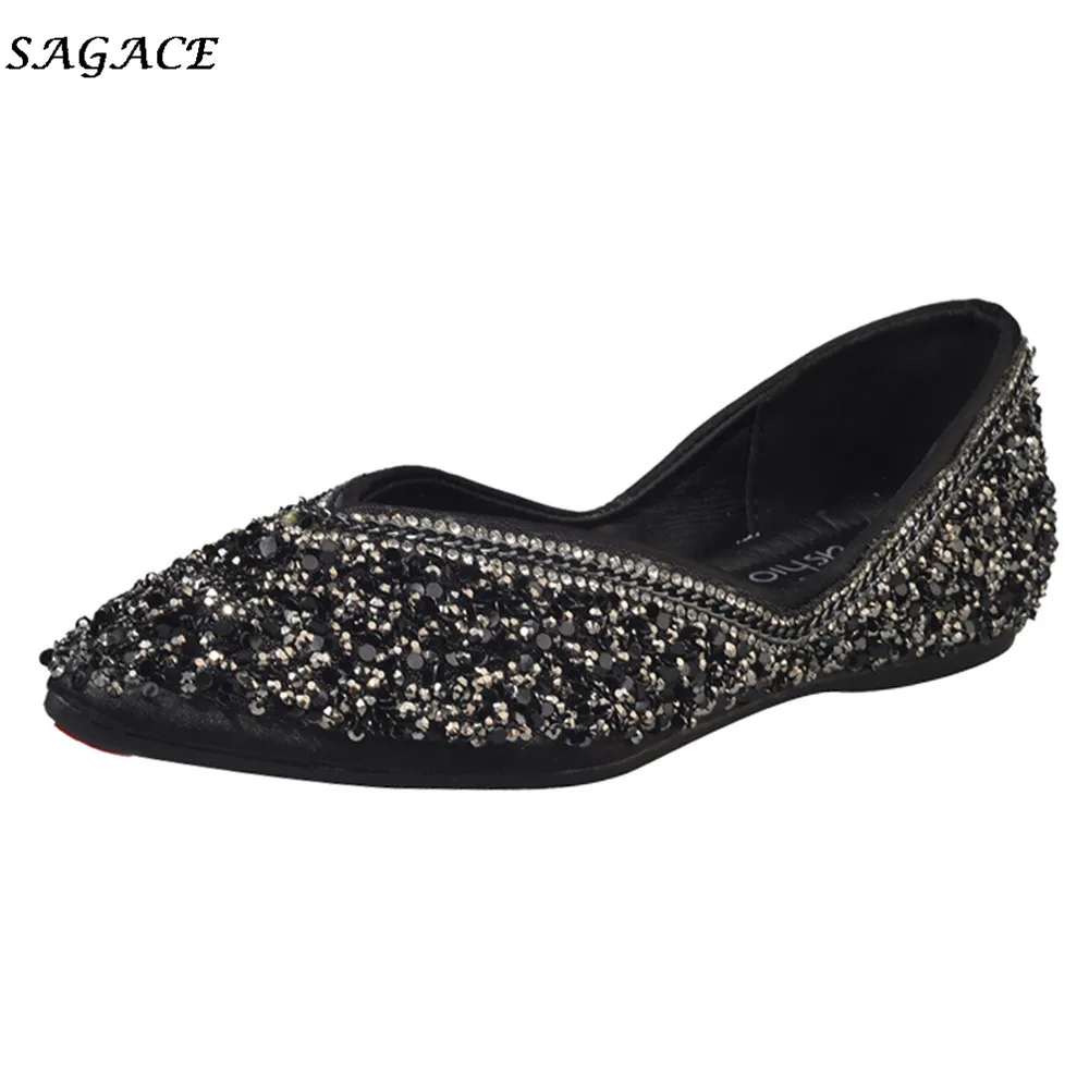 SAGACE/Женская обувь; модная летняя обувь на плоской подошве с блестками; вечерние тонкие туфли с острым носком на низком каблуке для девочек; Mujer