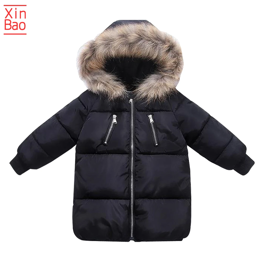 XINBAO/ детское теплое зимнее пальто с капюшоном из искусственного меха для маленьких мальчиков и девочек, куртка, пальто Детская верхняя одежда длинная одежда для подростков - Цвет: black
