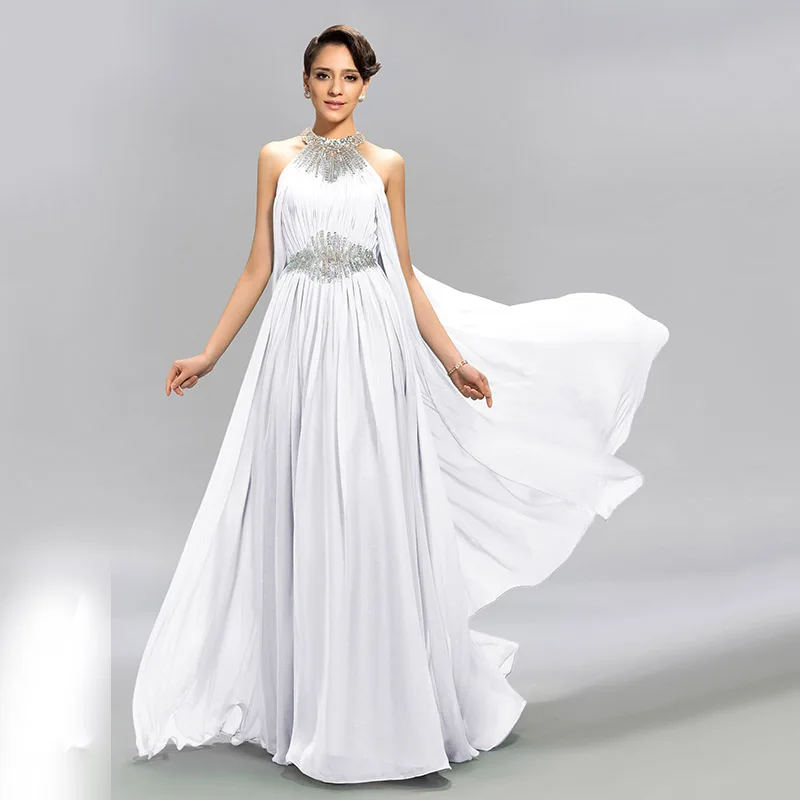 White DressV мятный Синий Драгоценный вырез шифон длинное вечернее платье трапециевидной формы Длина пола бисером платья выпускного вечера с оборками Формальное вечернее платье - Цвет: White