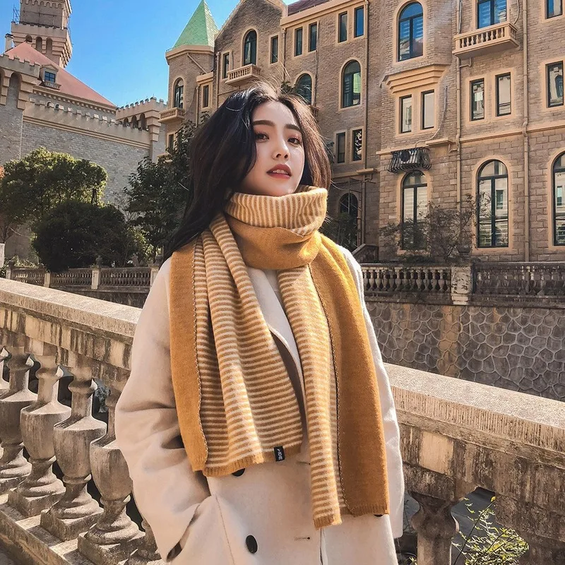 

Scarf female winter striped solid color Korean version of the wild long Korean student couple thick knit autumn wool scarf