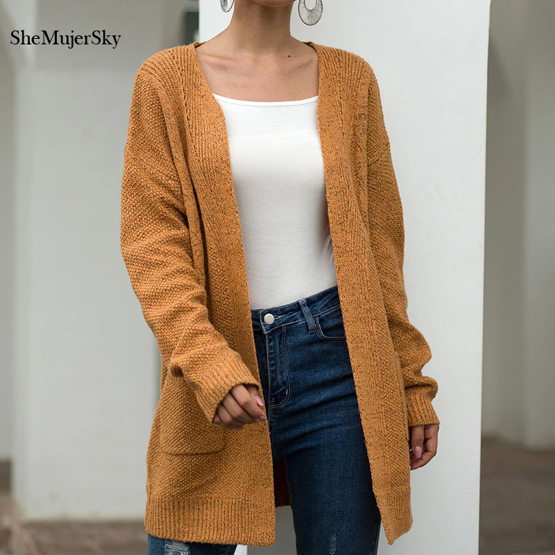 

SheMujerSky Autumn Solid Color Cardigan Women Gray Loose Sweaters Long Cardigans sweter mujer invierno 2019
