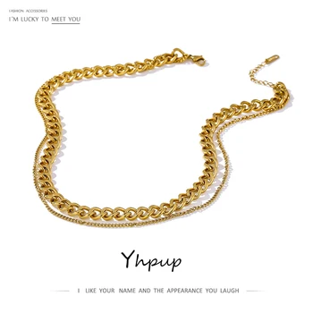 Yhpup 316 Stainless Steel Double Layer Necklace 2021 Choker Collar Statement Fashion Charm Golden Necklace for Women 2021