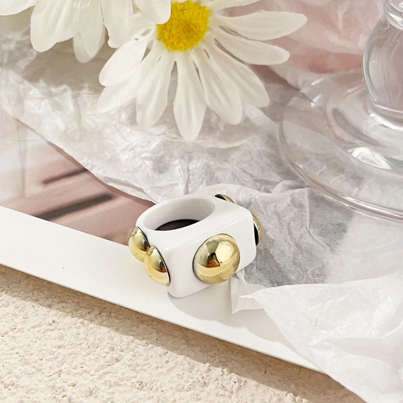 FAMSHIN Punk Ring Gold Color Bead Transparent Resin Acrylic Square Rings For Women Party Friends Gift Trendy Jewelry finger ring ring set