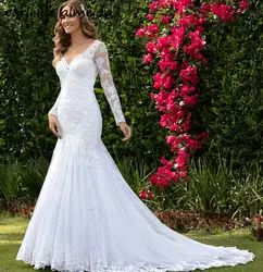 Vestido de noiva sereia, свадебное платье русалки с длинными рукавами, винтажное кружевное платье с аппликацией, Vestido de Casamento