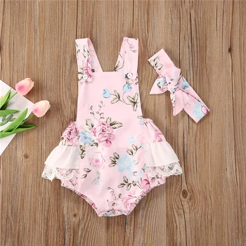 

Newborn Rompers Baby Girl Clothes Sleeveless Backless Floral Ruffle Jumpsuit Headband Casual Sunsuit Cute Cotton Outfits 2pcs