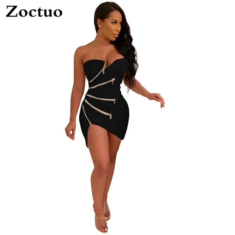 Zoctuo Women Sexy Strapless Irregular Zipper High Waist Pullover Patchwork Color Solid Night Club Short Dress Drop Shipping