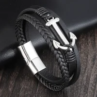 Punk Stainless Steel Anchor Bracelets Genuine Leather Bracelet & Bangles for Men Jewelry Black Color Fashion Gift 1