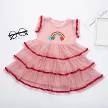 Детское Радужное платье с принтом для девочек; одежда для малышей; Детские фатиновые платья принцессы с рюшами; Одежда для девочек; платье для девочек