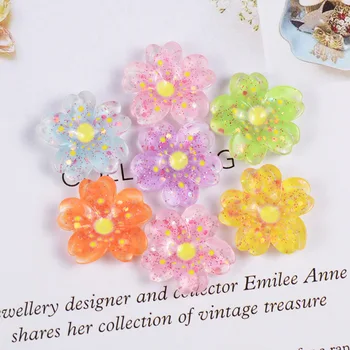 

20Pcs Glitter Flower Flatback Resin Cabochon for Hair Bows Accessories Cherry Blossoms Cabochon Phone Deco Parts Scrapbook 20mm