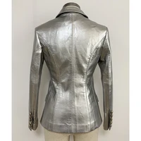 HIGH STREET Newest 2021 Designer Stylish Runway Women's Fashion Lion Buttons Silver Leather Blazer Jacket 2