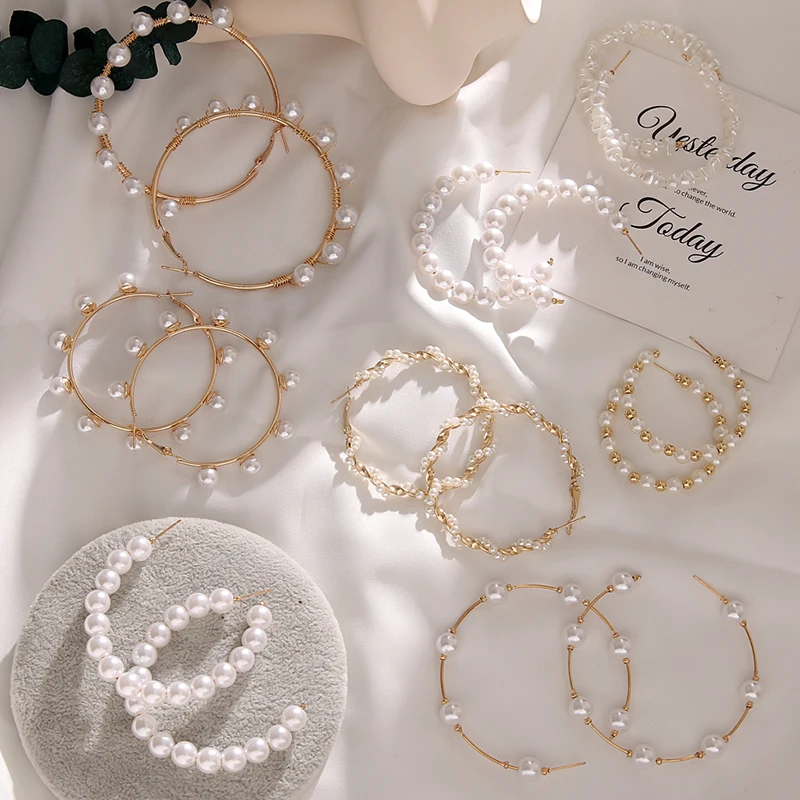 Винтажные большие простые золотистые металлические жемчужные серьги кольца