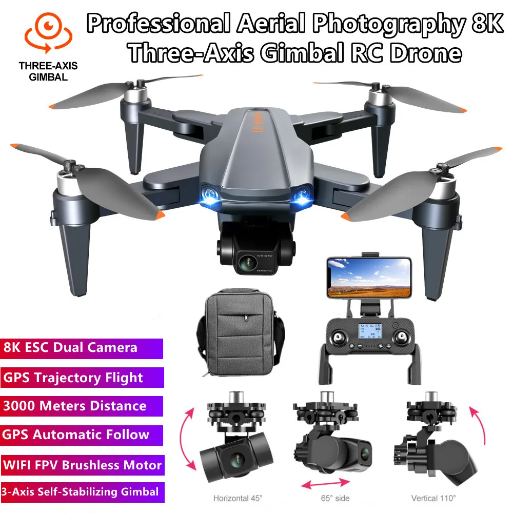 Professional Brushless Gps Auto Follow Wifi Fpv Radio Control Drone 8k Esc 3axis Gimbal 3000m