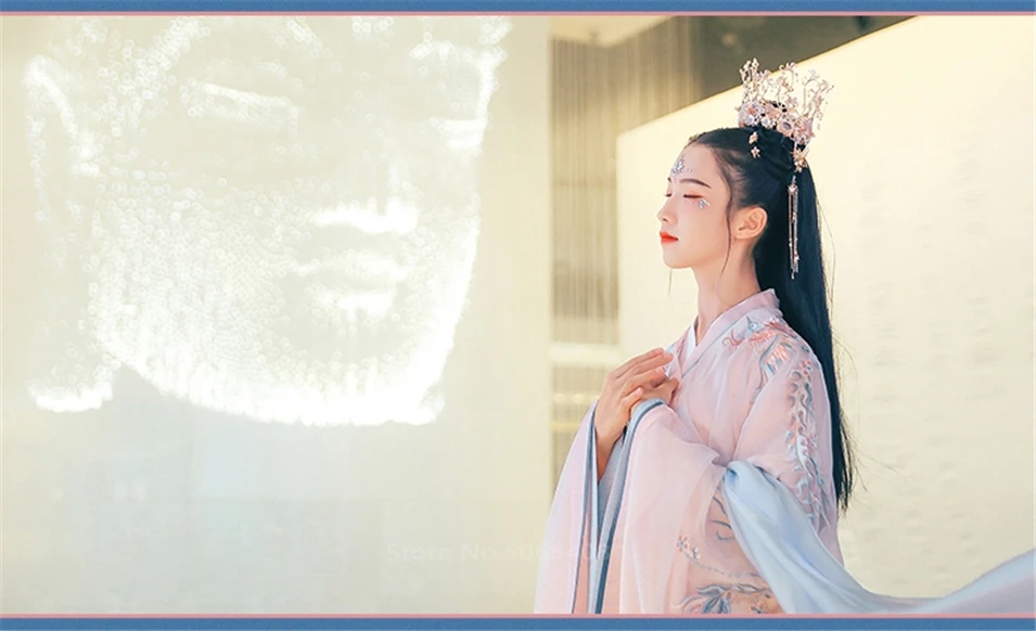 Элегантный Hanfu для женщин вышивка сетки 6 м большие качели Феникс Вышивка Hanfu градиент цвета платье феи для девочек представление