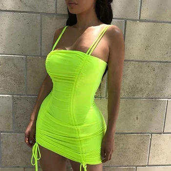 

Women Summer Bandage Dress Sexy Sling Off Shoulder Sleeveless Slim Elastic Bodycon Party Dresses Neon Pleated Club Short Dress