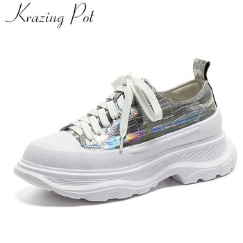 

Krazing Pot high quality lace up round toe casual sneakers platform mixed colors comfortable school women vulcanized shoes L8f2