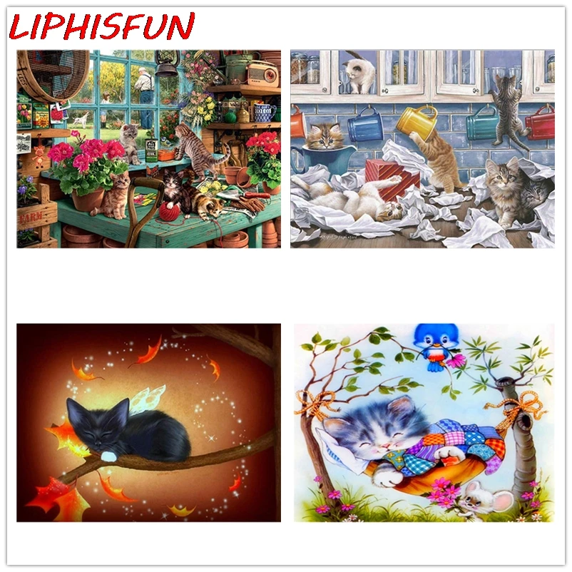 LIPHISFUN алмазная живопись котята коты вечерние Алмазная Вышивка Полный дисплей