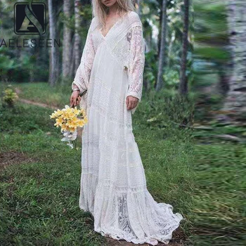 

AELESEEN Runway White XXL Dress Women 2020 Fashion Spring Summer Long Sleeve Loose V-Neck Flower Embroidery Party Holiday Dress