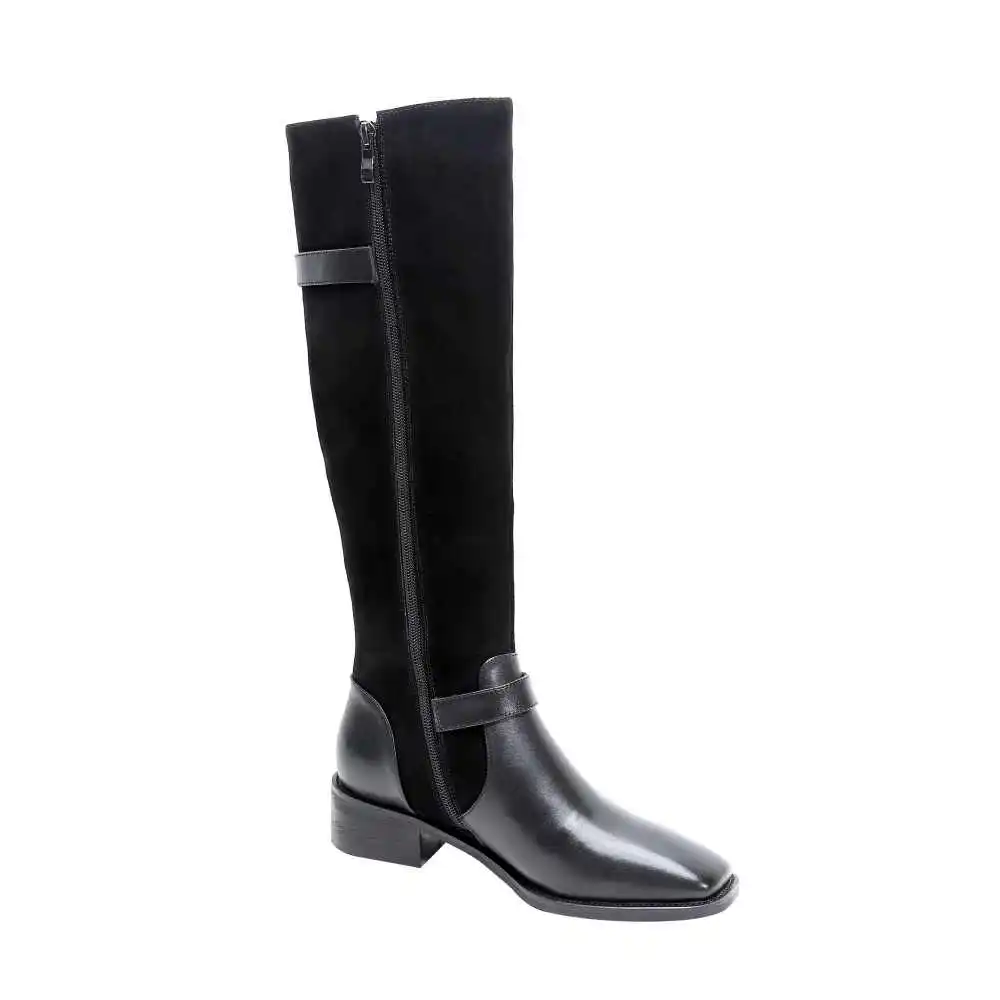 Lenkisen new vintage cow leather patchwork buckle straps square toe med heels winter keep warm women Zipper thigh high boots L35