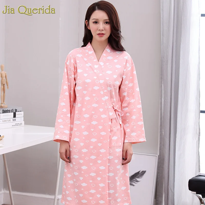 

Robes Bathrobe Woman Kimono 100% Cotton V-neck Pink Loose Size Belt Clouds Printing Design Long Sleeves Autumn Spring Sleepwear