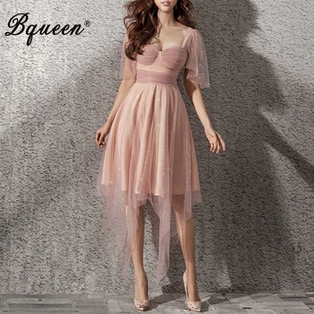 

Bqueen New Women Puff Chiffon Cute Star Sequined Sleeve V Neck Backless Ruffles Irregular Hem Midi Sexy Club Party Dresses 2020