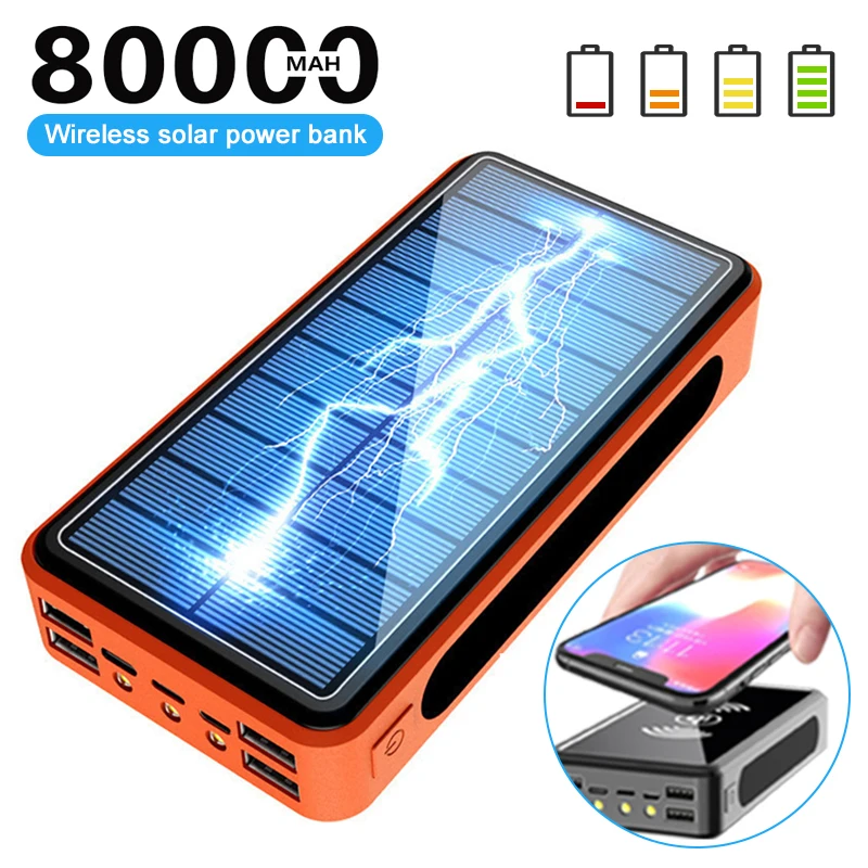 80000mAh Solar Power Bank Wireless 4 USB LED External Battery Phone Charger PoverBank for Xiaomi iPhone 12 Xr Outdoor Powerbank power bank best buy