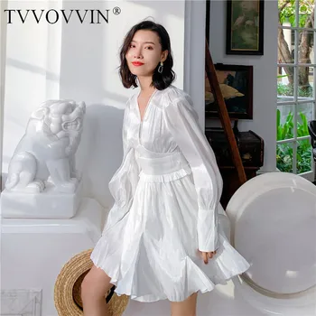 

TVVOVVIN Vacation Female Dress Female Full-sleeved Temperament Sexy Halter High Waist V-neck Island Silk Mini Dress WQA4