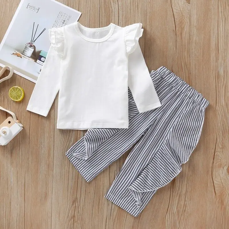 

Toddler Kids Baby Girls Cotton Clothes Solid Ruffle Long Sleeve Tops+Stripe Ruffle Long Pants Outfits Tracksuit