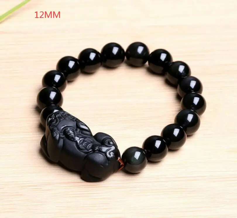 

Fashion Natural Black Obsidian Pixiu One Coin Beads Bracelet Bangle