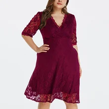 Размера плюс Новое сексуальное платье для женщин элегантное кружевное открытое красное платье с v-образным вырезом и половинным рукавом Повседневное платье миди женское вечернее платье