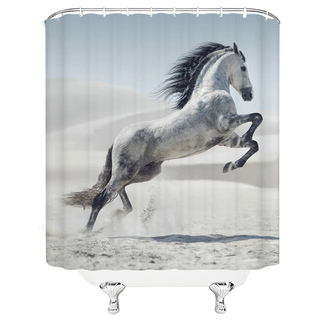 Black White Horse Shower Curtains Strong Animal Running on the Snow Bathroom Decor Home Bathtub Waterproof Polyester Curtain Set G6205