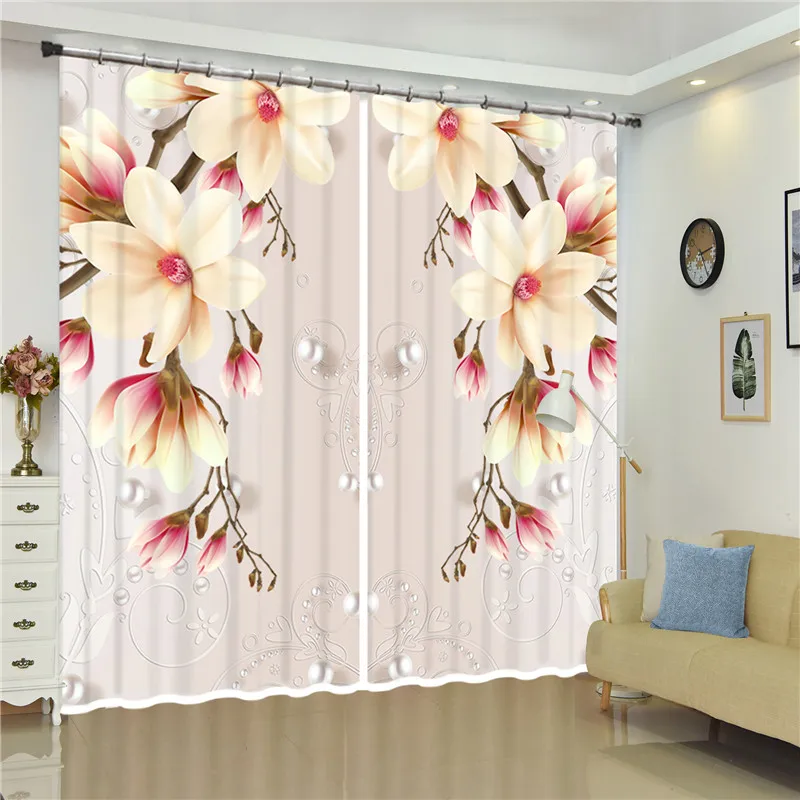 

Bright flowers Blossom Printing 3D Curtain Blockout Polyester Drapes Fabric For Room Bedroom Windows include 2 Panels