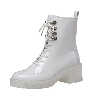 

2021 Genuine Leather Women's Ankle Boots Leather Cross Tied Platform Thick Heels Pumps Party Basic Shoes Woman
