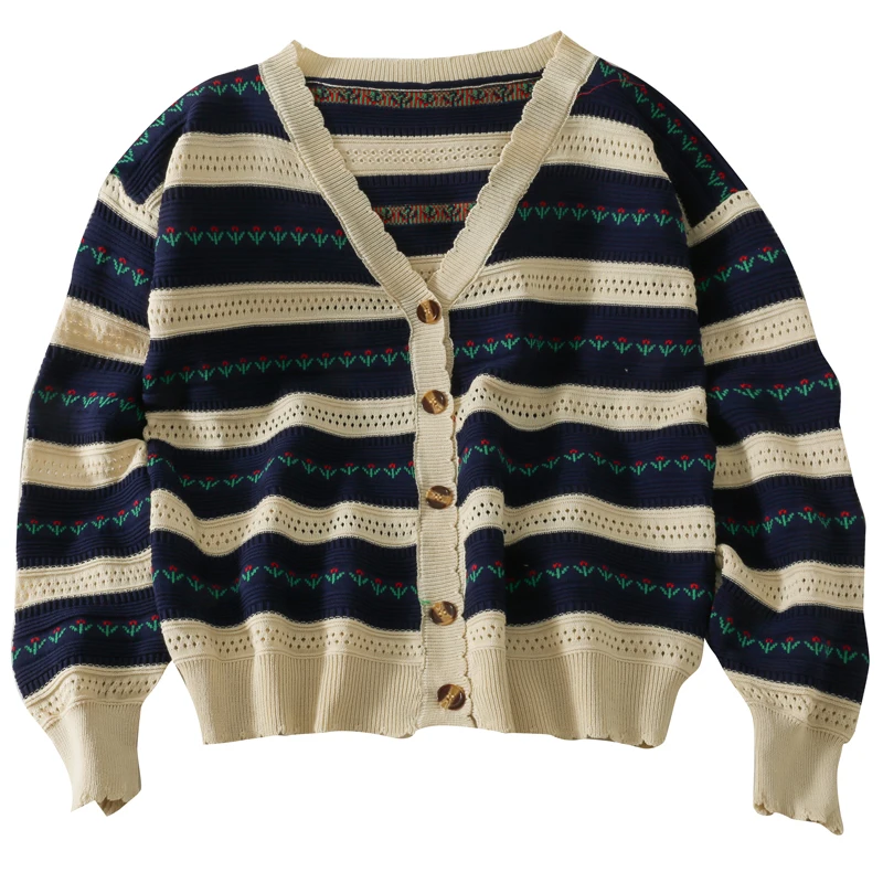 

Retro hollow out color matching stripes loose knit women's V-neck single-breasted long-sleeved thin sweater