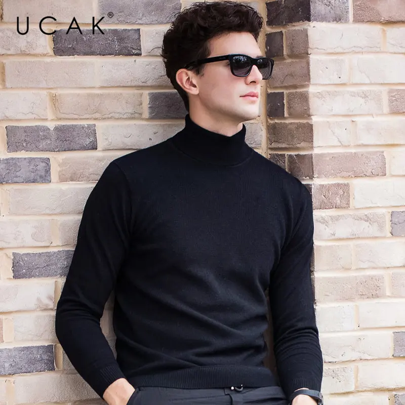 UCAK Brand 100% Merino Wool Sweater Men Autumn Winter Thick Warm Turtleneck Pullover Men Soft Knitwear Cashmere Pull Homme U3060